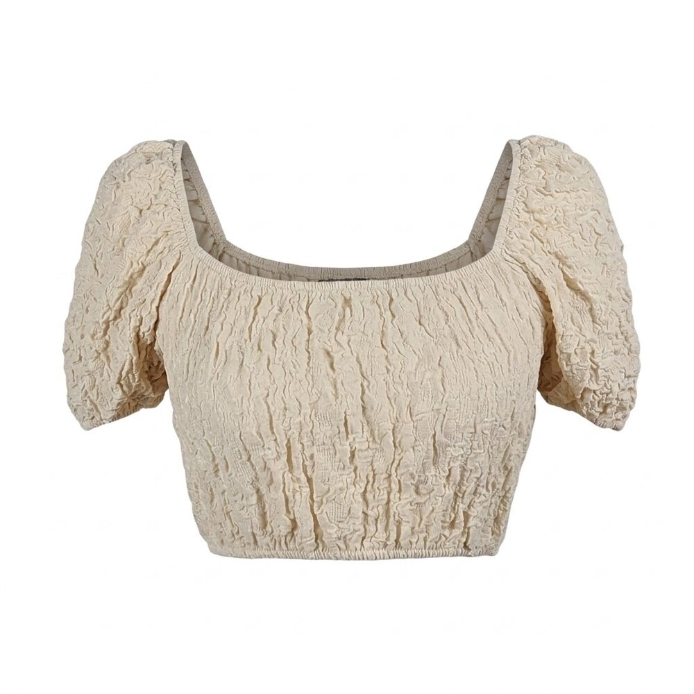 NWOT Zara Textured Lacey Puff Sleeve Crop Top Cream Ecru Seersucker Round Neck S